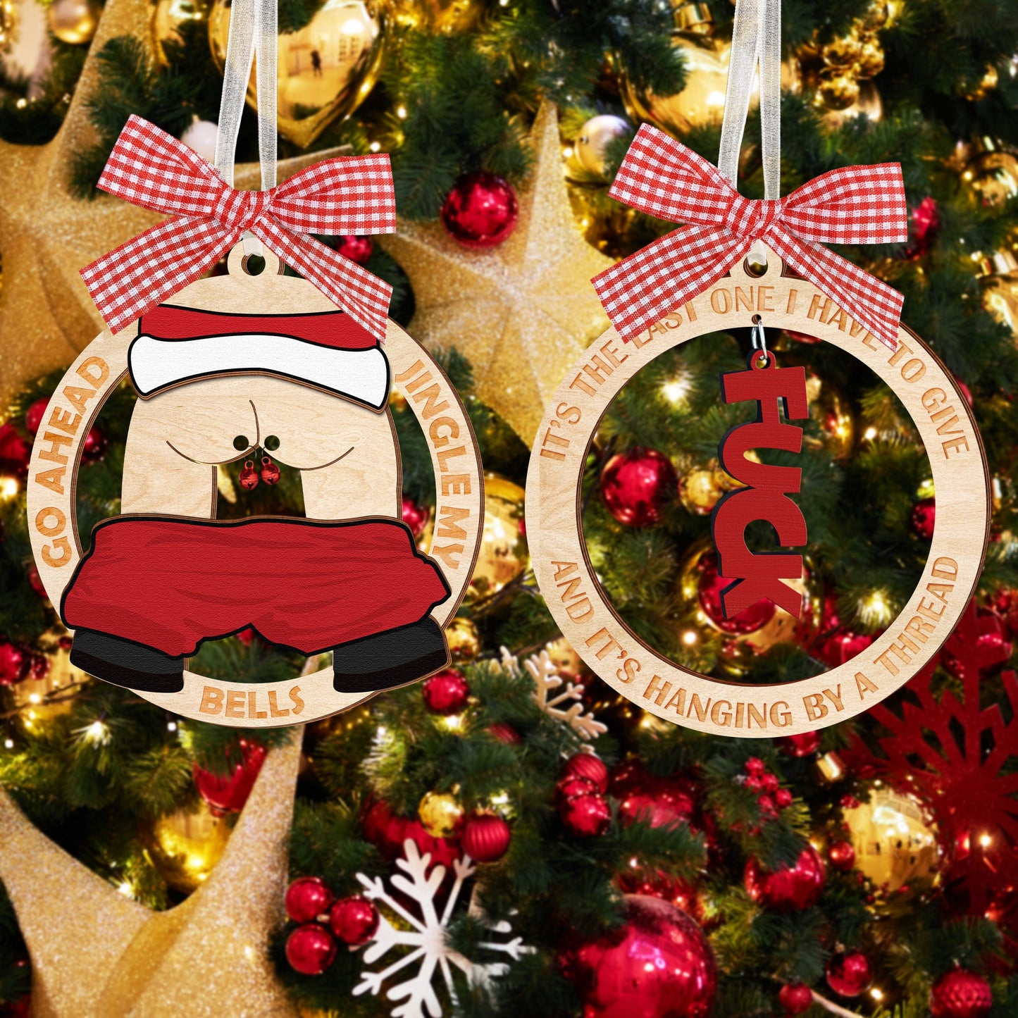 Netecom Funny Christmas Ornament Set – Cheeky Santa & Holiday Humor Wooden Decoration Combo