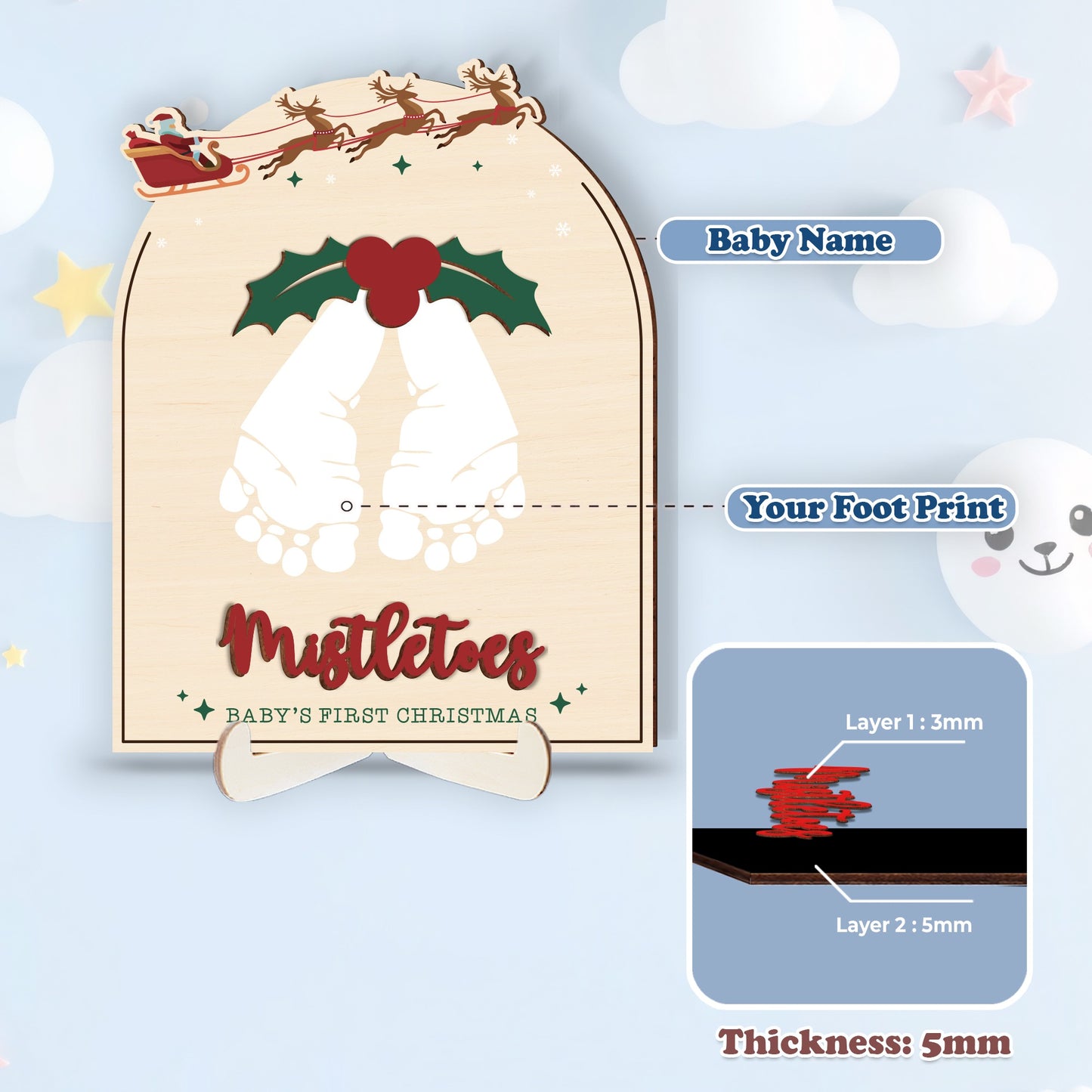 Netecom Baby Christmas Memory Sign – “Mistletoes” Wooden Footprint Kit with Ink Pad & Gift Box