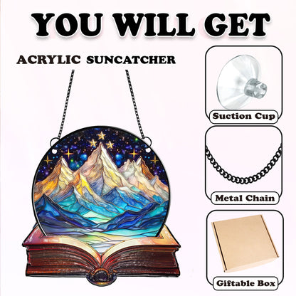 Netecom Acrylic Suncatcher “Bookaholic” – Mountain & Galaxy Design, Perfect Gift for Readers and Christmas Décor