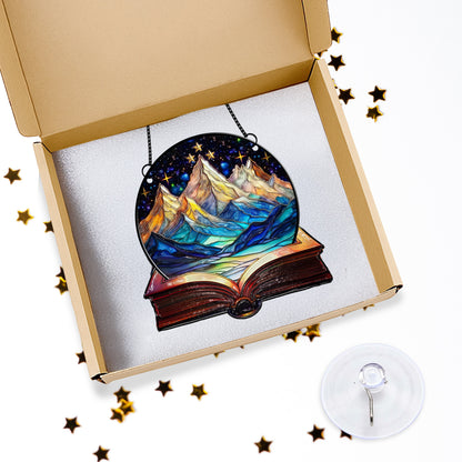 Netecom Bookaholic Acrylic Suncatcher – Mountain & Galaxy Design, Book Lover Christmas Ornament Gift