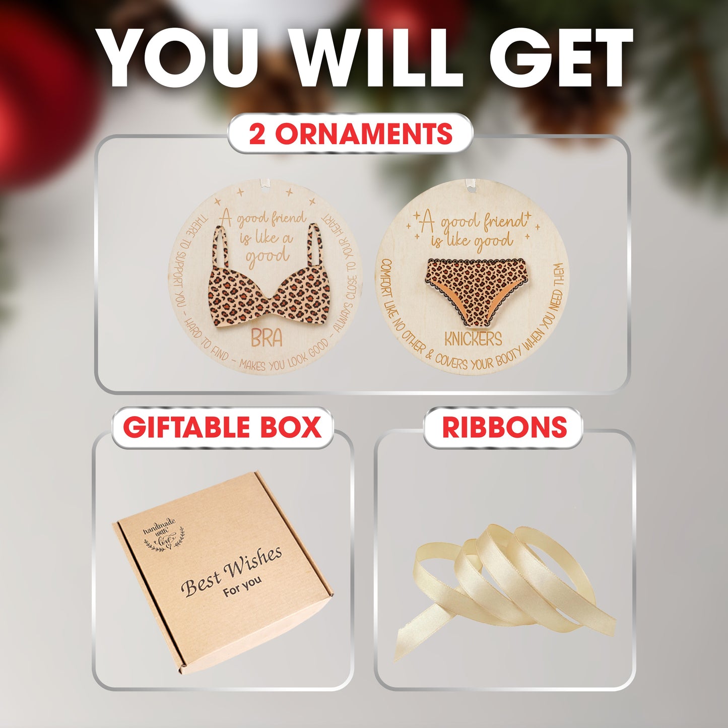 Netecom Funny Best Friend Christmas Ornament Set , "A Good Friend is Like Good Underwear" Quote , Novelty Bestie Gift Set (2 Pack)