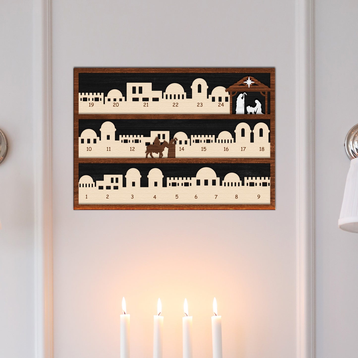 Netecom Wooden Nativity Advent Calendar , Jesus Countdown to Christmas Decor , Religious Gift Set with Music Sheet Ornament