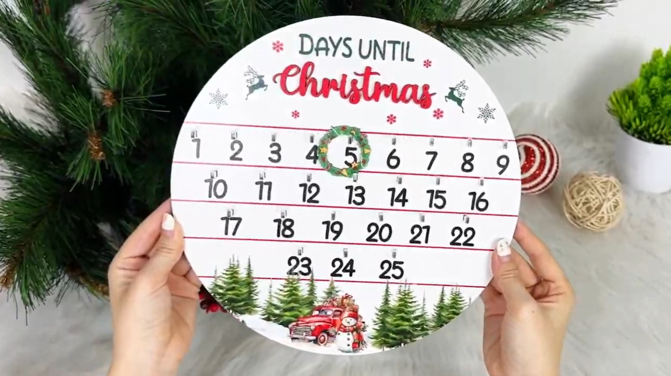 Netecom Handmade Round Countdown Sign – “Days Until Christmas” Wooden Wall Hanging Decoration