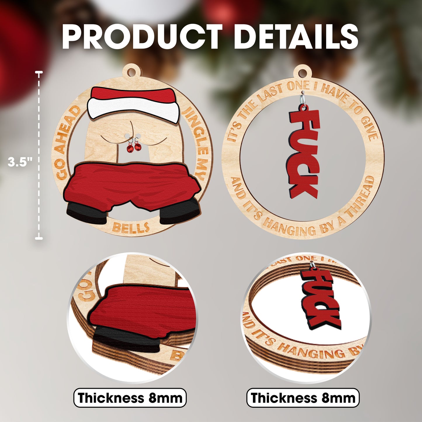 Netecom Funny Christmas Ornament Set – Cheeky Santa & Holiday Humor Wooden Decoration Combo