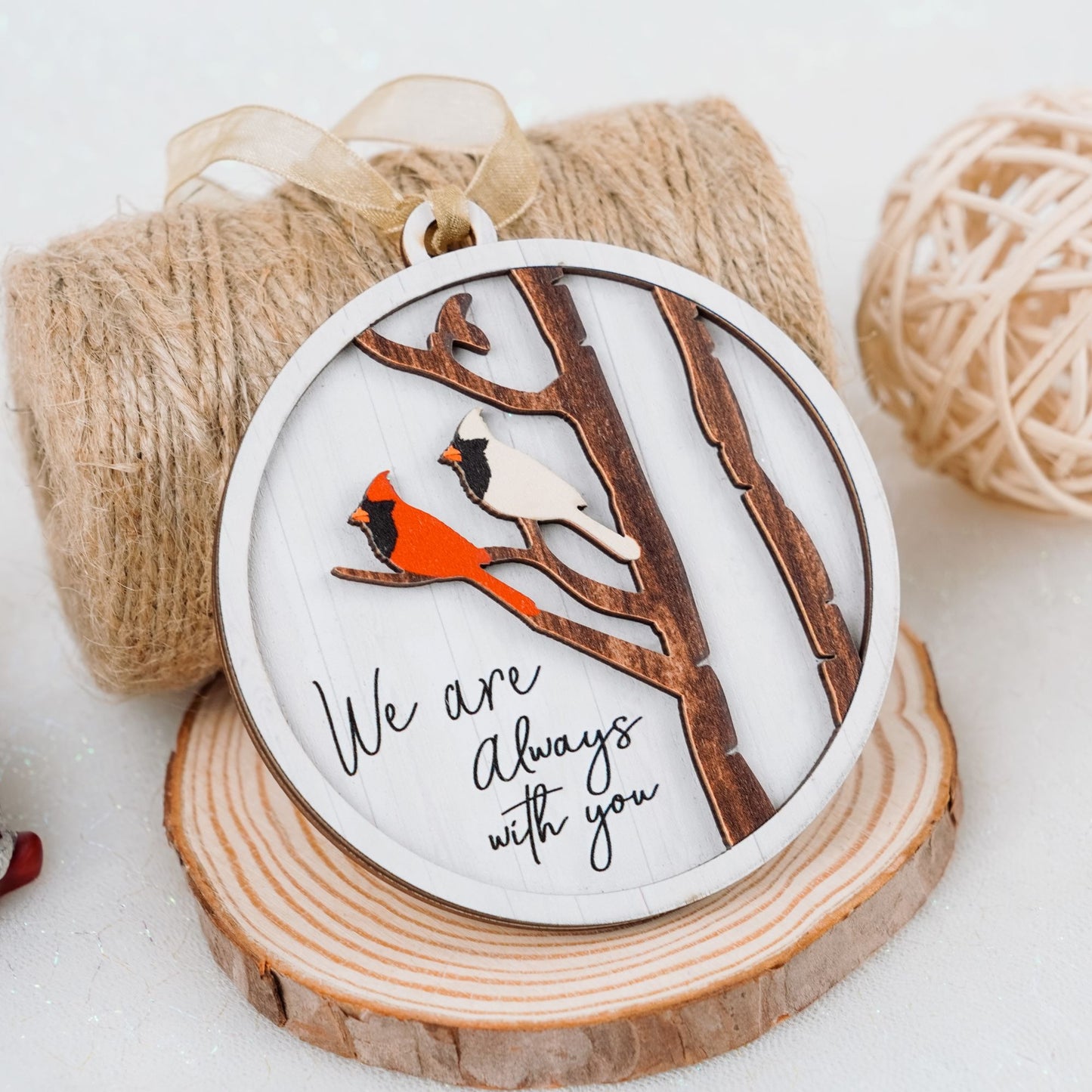 Netecom Cardinal Memorial & Merry Christmas Ornament Set,2 Pack, "We Are Always With You" Keepsake , Sympathy Gift Duo