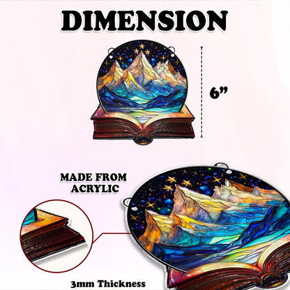 Netecom Acrylic Suncatcher “Bookaholic” – Mountain & Galaxy Design, Perfect Gift for Readers and Christmas Décor