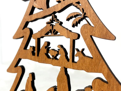 Netecom Personalized Nativity Tree with Stand – Wooden Christmas Tree Decoration with Detailed Holy Family Scene