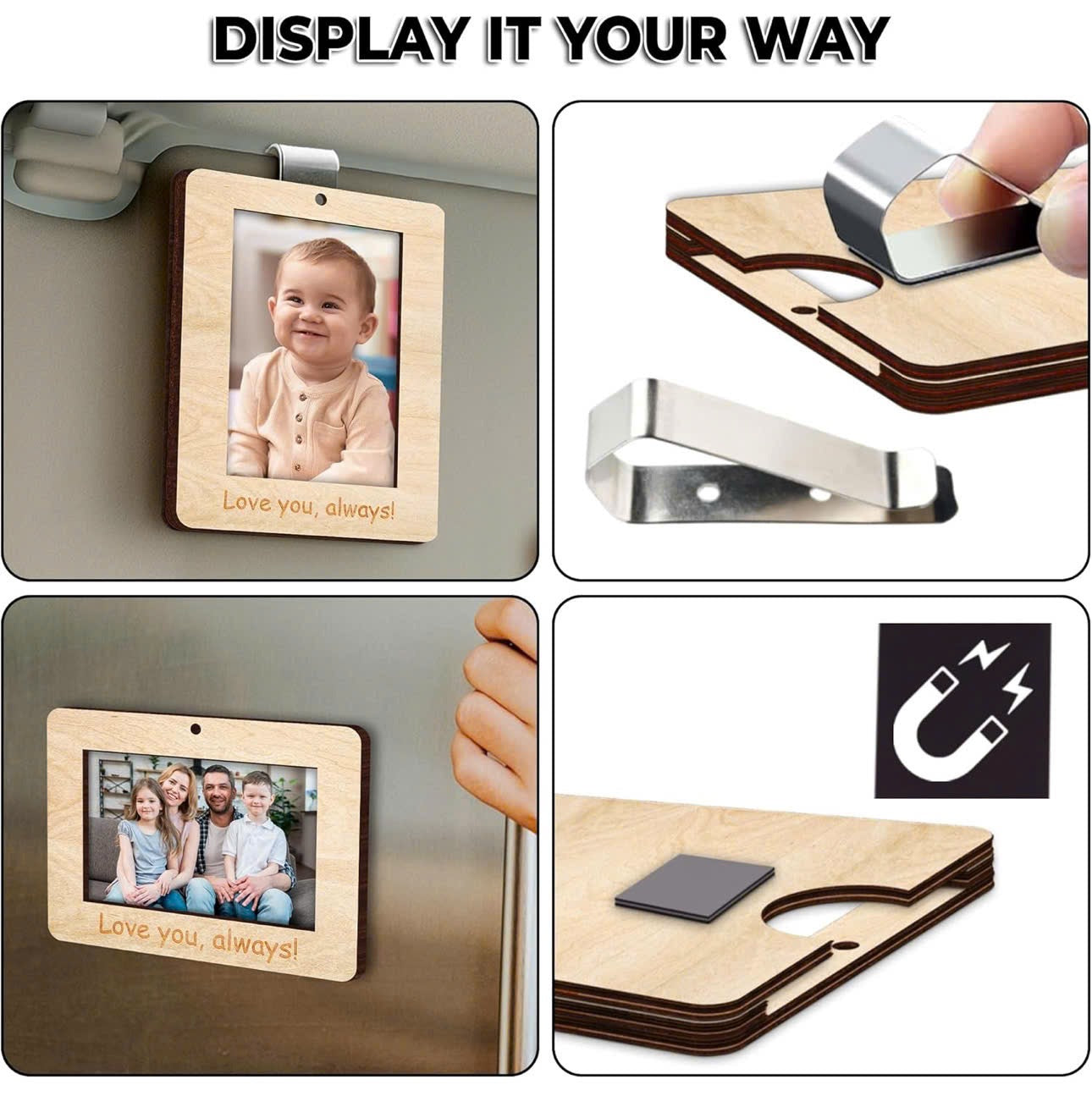 Netecom Christmas Wooden Photo Ornaments – 4PCS Love You Always Picture Frames with Bow & Magnet Gift Set