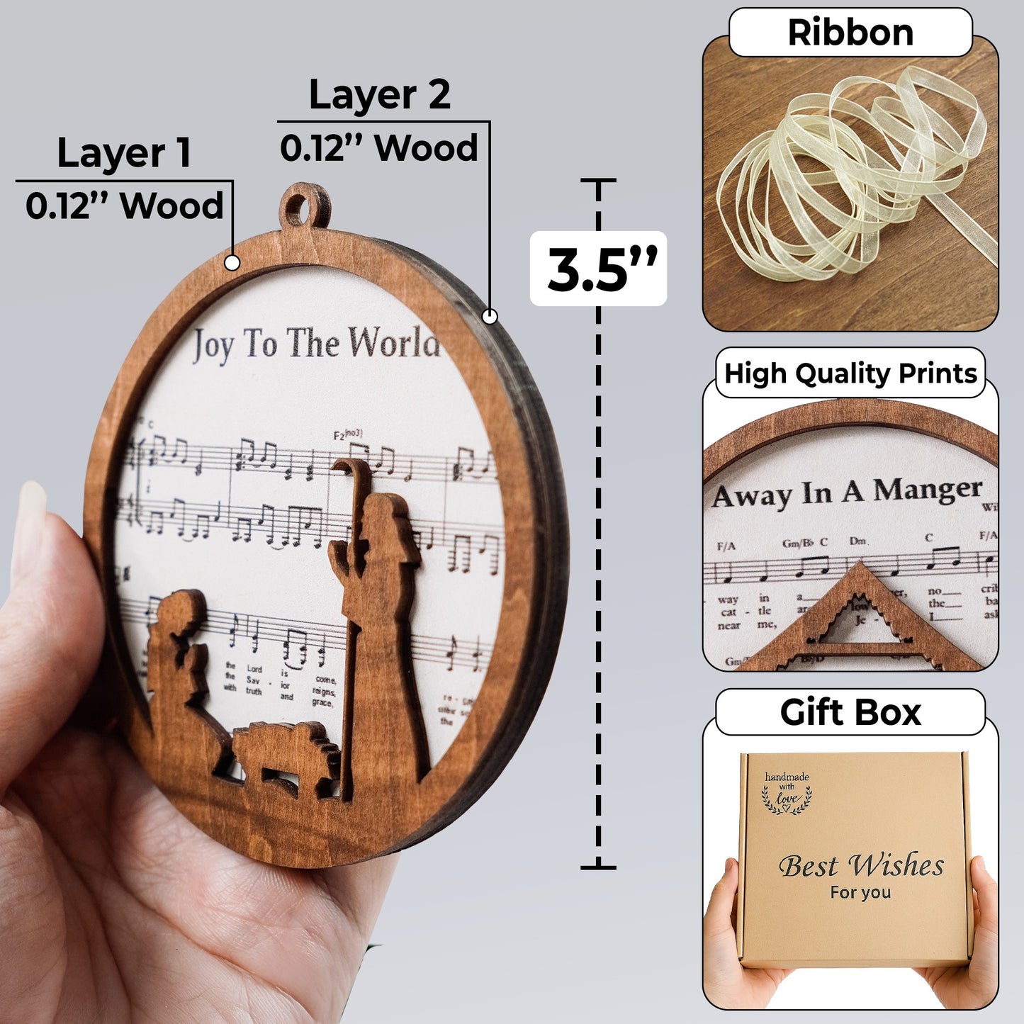 Netecom “Joy to the World” Wooden Christmas Ornament – Layered Nativity Hymn Design, Christian Holiday Decoration