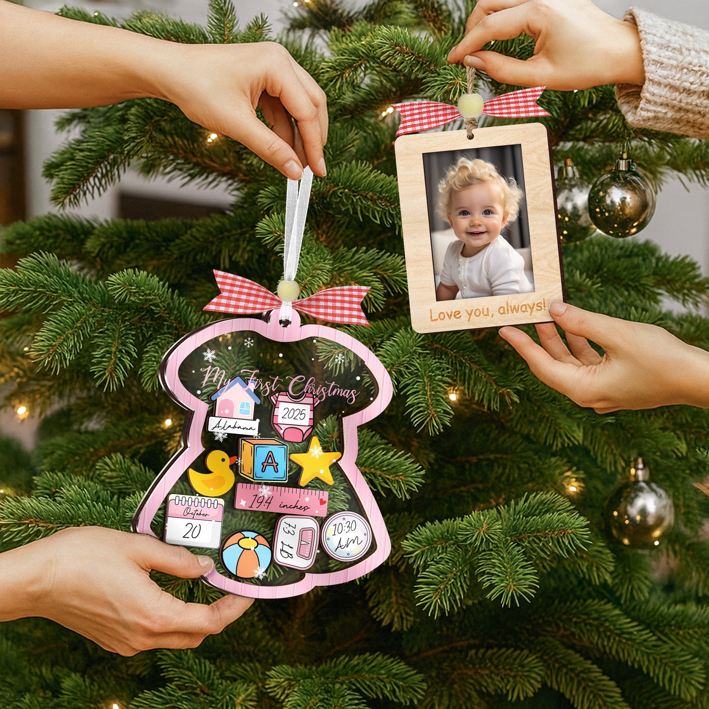 Netecom Baby's First Christmas Shaker Ornament  Personalized Birth Stats Girl Gift Set with Photo Frame & DIY Name Pen