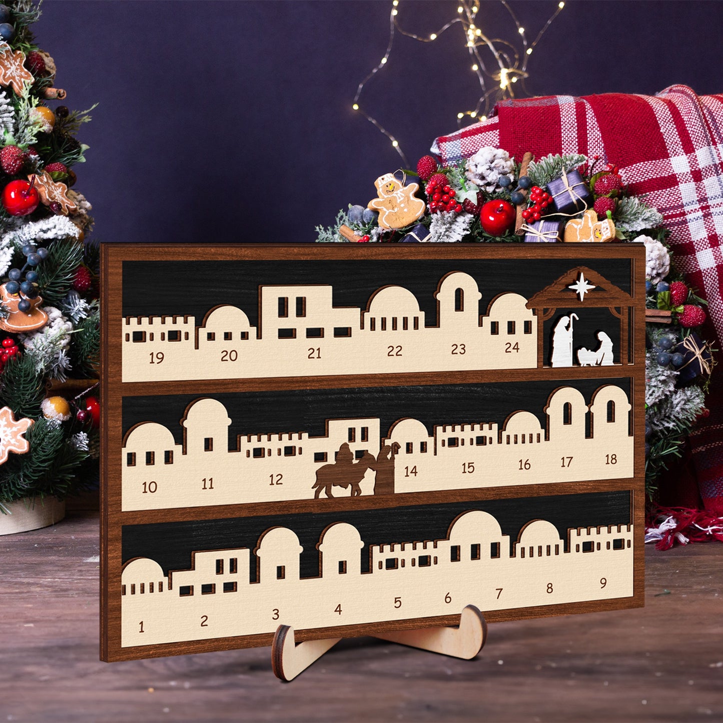 Netecom Wooden Nativity Advent Calendar , Jesus Countdown to Christmas Decor , Religious Gift Set with Music Sheet Ornament
