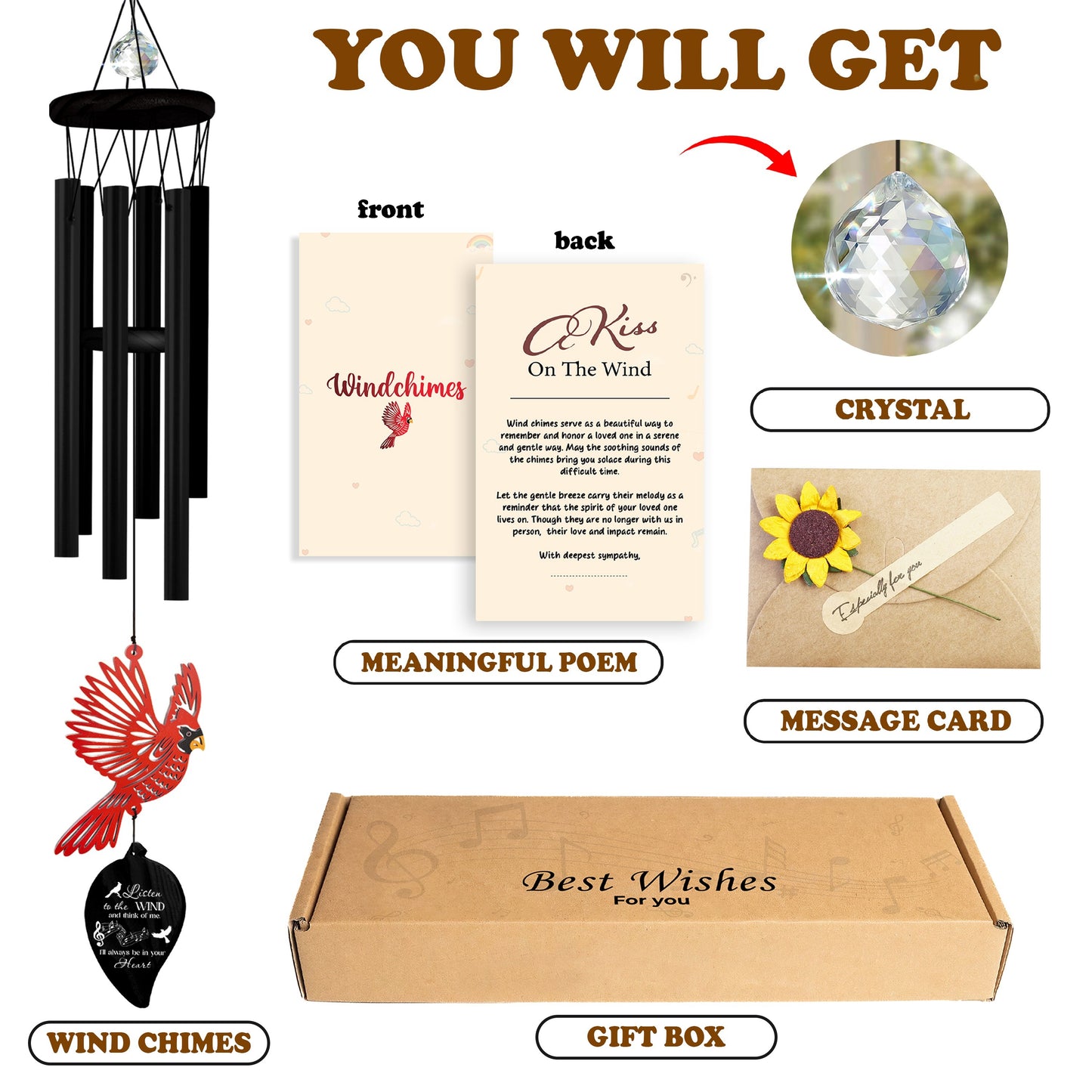 Netecom Cardinal Memorial Wind Chime – Black Leaf Design with Poem & Gift Box, Bereavement Sympathy Gift