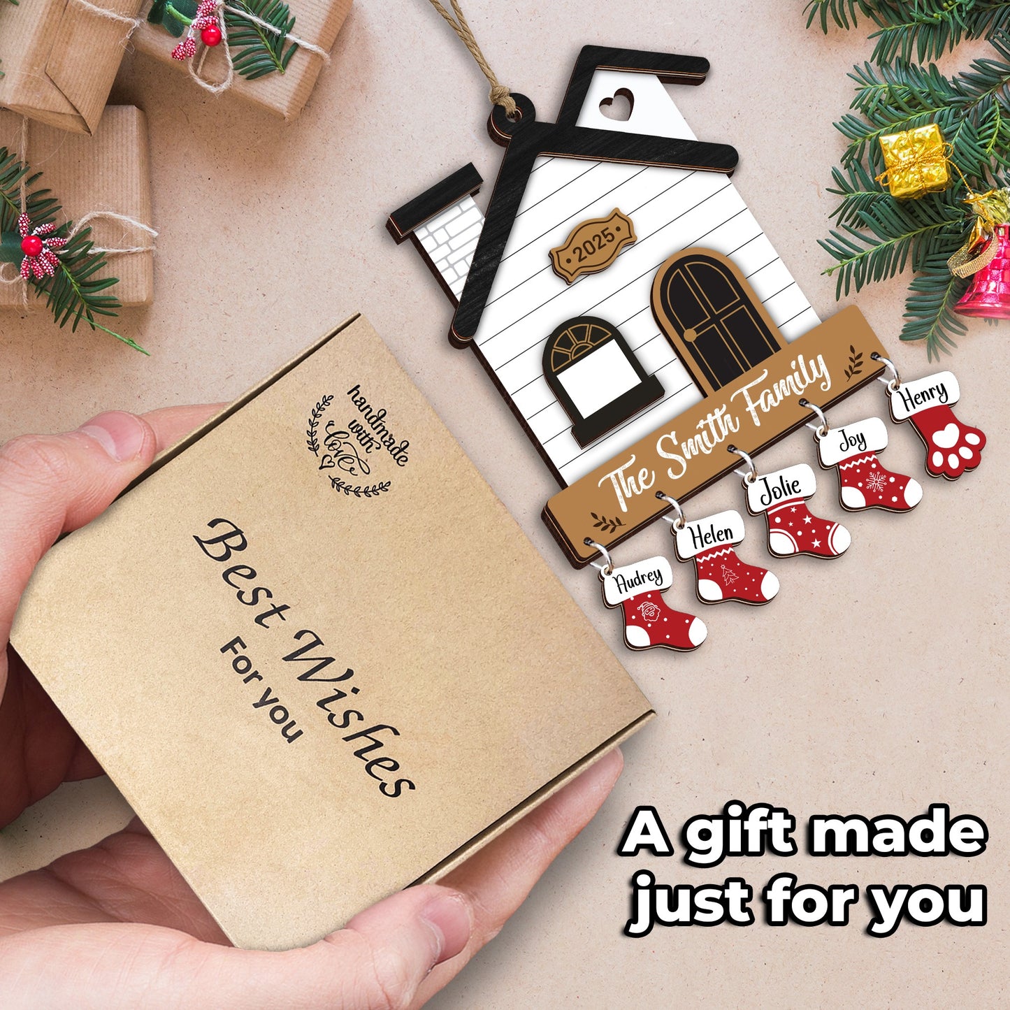 Netecom Christmas Ornaments 2025, Family Stockings Ornament for Christmas – Personalized Wooden House Ornament with Names & Gift Box