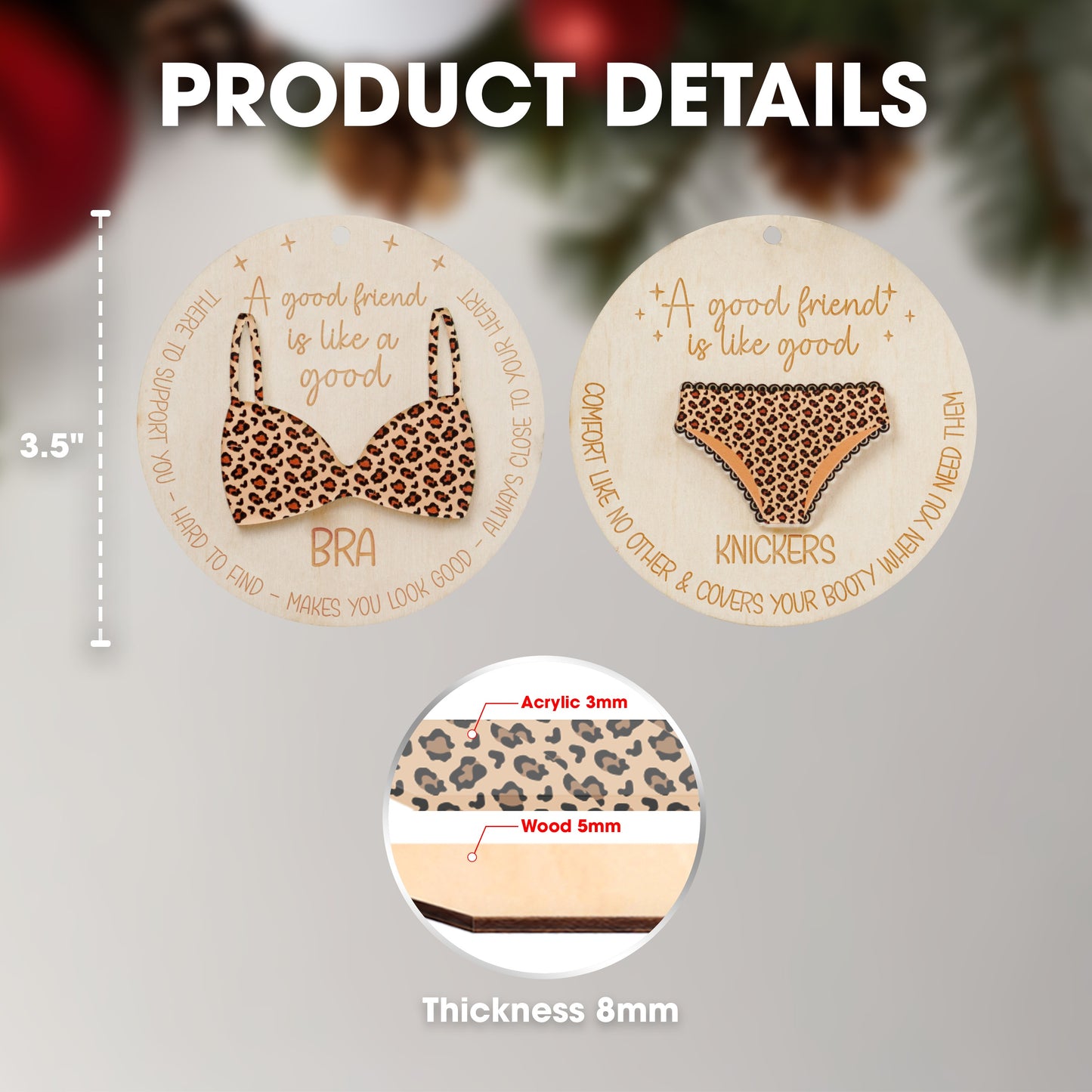 Netecom Funny Best Friend Christmas Ornament Set , "A Good Friend is Like Good Underwear" Quote , Novelty Bestie Gift Set (2 Pack)