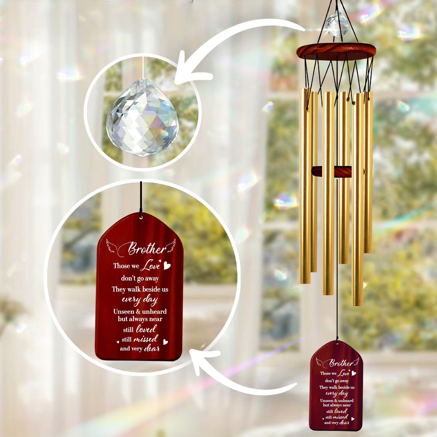 Netecom Personalized Memorial Wind Chimes for Brother – Walnut Wood with Crystal Beads