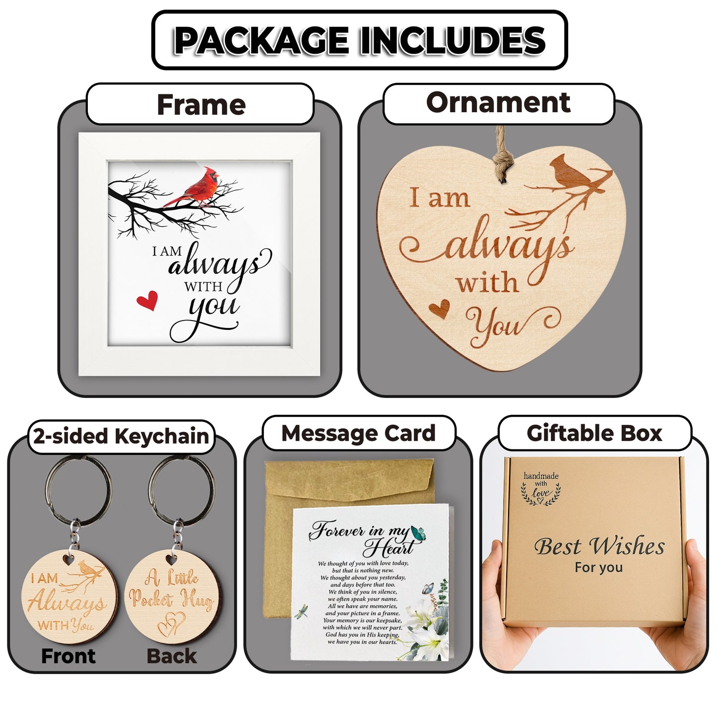 Netecom Memorial Frame Gift – “I Am Always With You” Cardinal Keepsake Set with Ornament, Keychain & Message Card