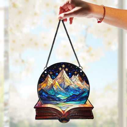Netecom Acrylic Suncatcher “Bookaholic” – Mountain & Galaxy Design, Perfect Gift for Readers and Christmas Décor