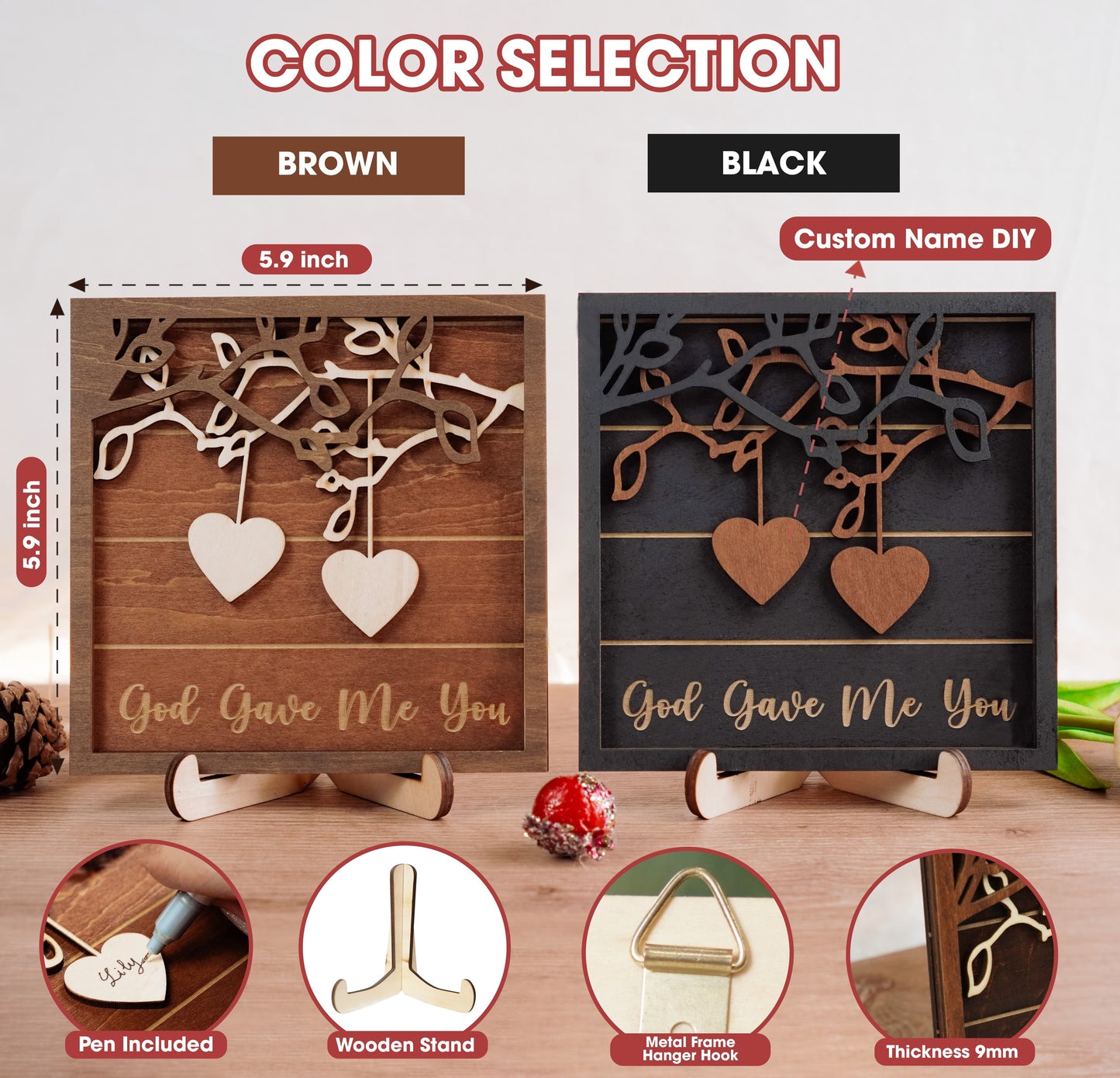 Netecom Christmas Wooden Frame  – Personalized Heart-Shaped Ornaments with Customizable Names and Tree Design