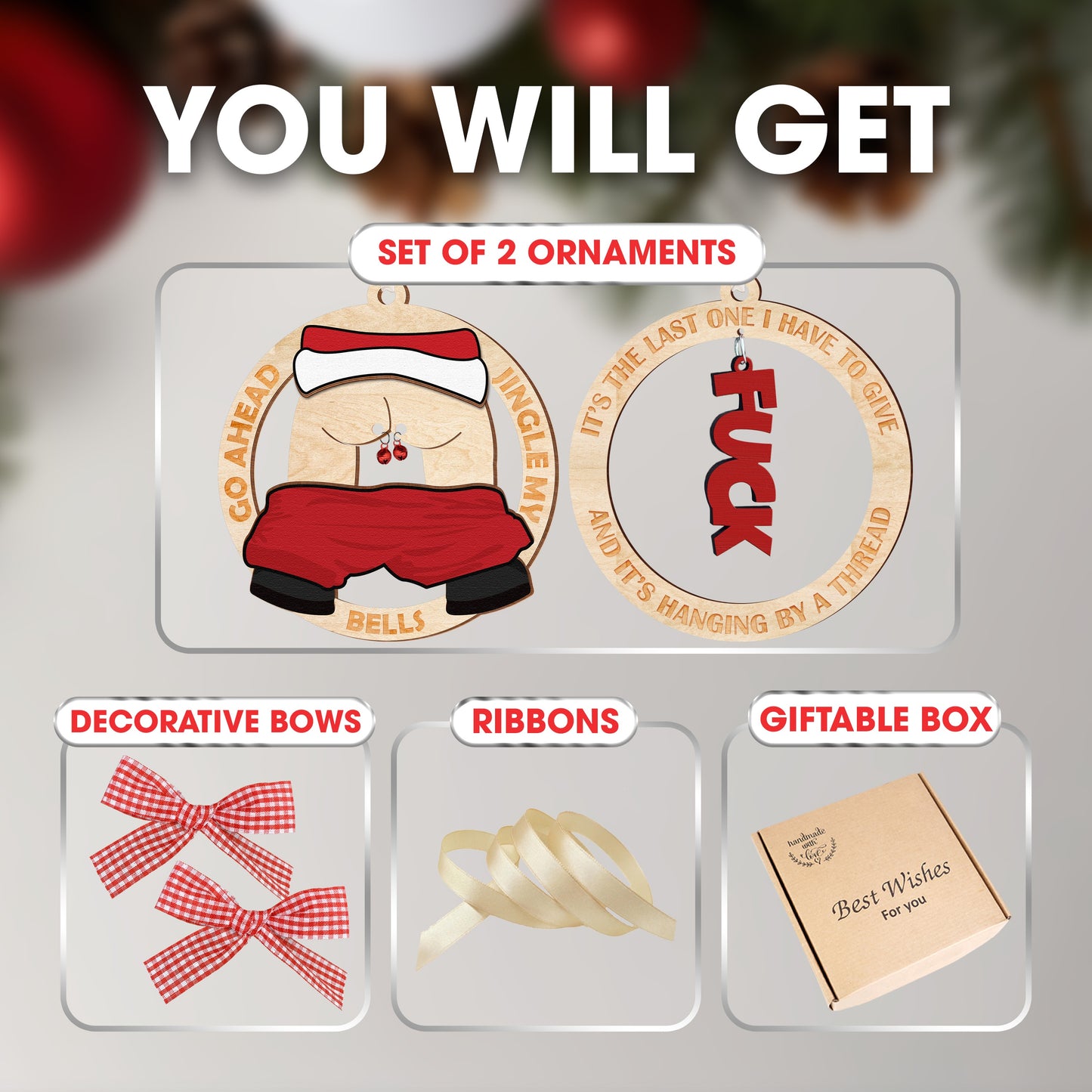 Netecom Funny Christmas Ornament Set – Cheeky Santa & Holiday Humor Wooden Decoration Combo