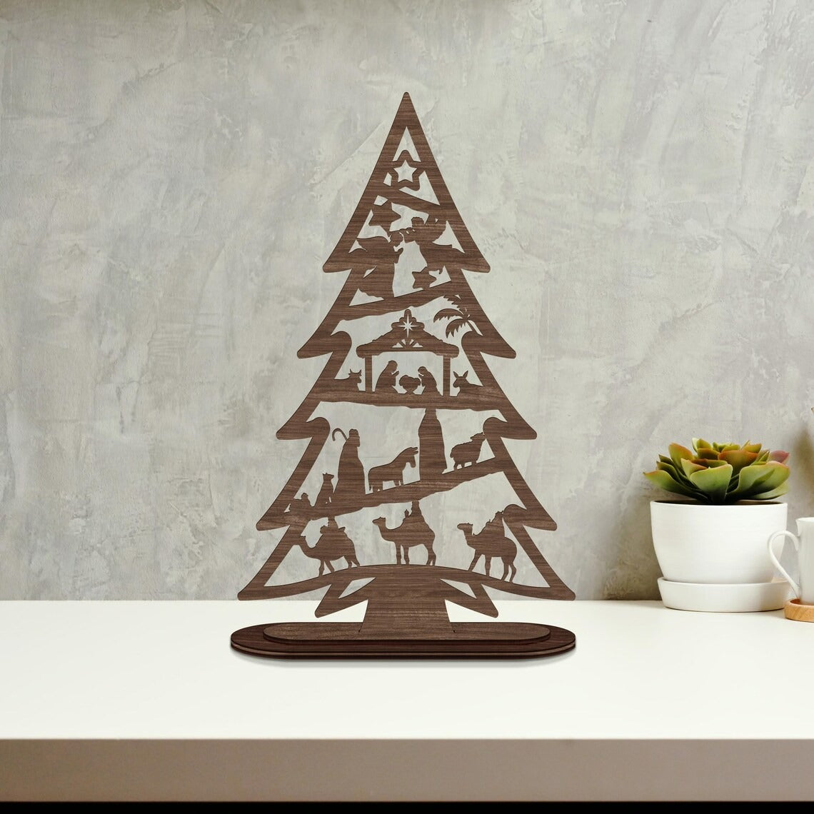 Netecom Personalized Nativity Tree with Stand – Wooden Christmas Tree Decoration with Detailed Holy Family Scene