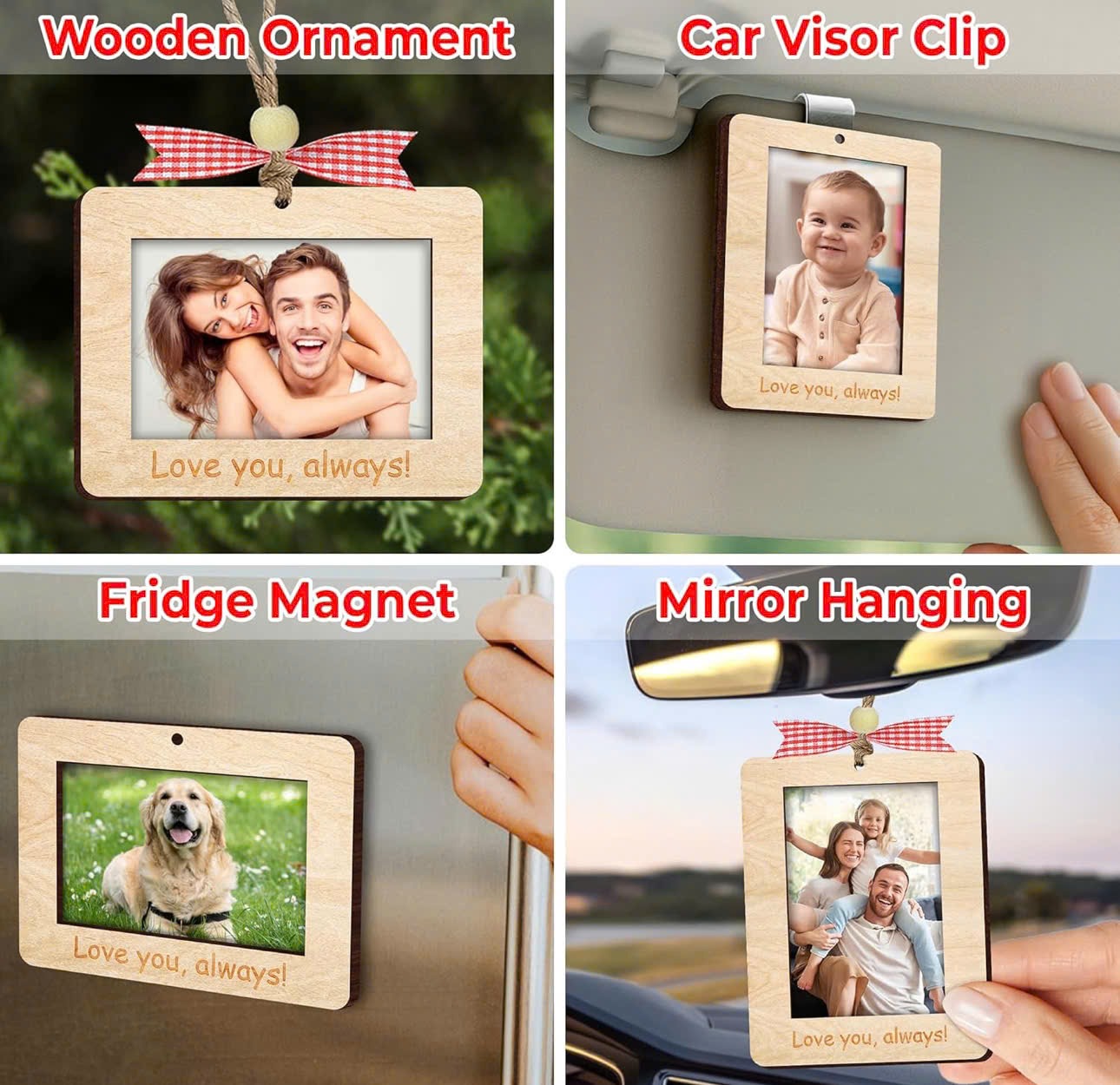 Netecom Christmas Wooden Photo Ornaments – 4PCS Love You Always Picture Frames with Bow & Magnet Gift Set