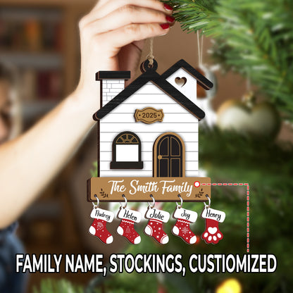Netecom Christmas Ornaments 2025, Family Stockings Ornament for Christmas – Personalized Wooden House Ornament with Names & Gift Box