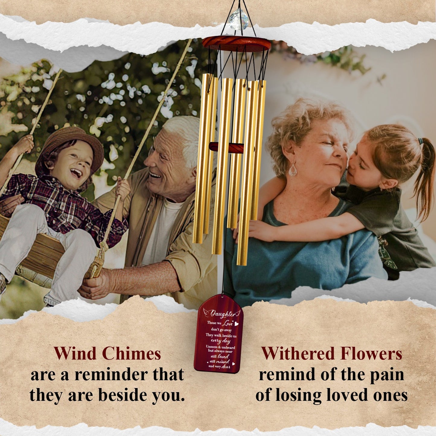 Netecom Personalized Memorial Wind Chimes for Daughter – Walnut Wooden Design with Crystal Bead and Heartfelt Message