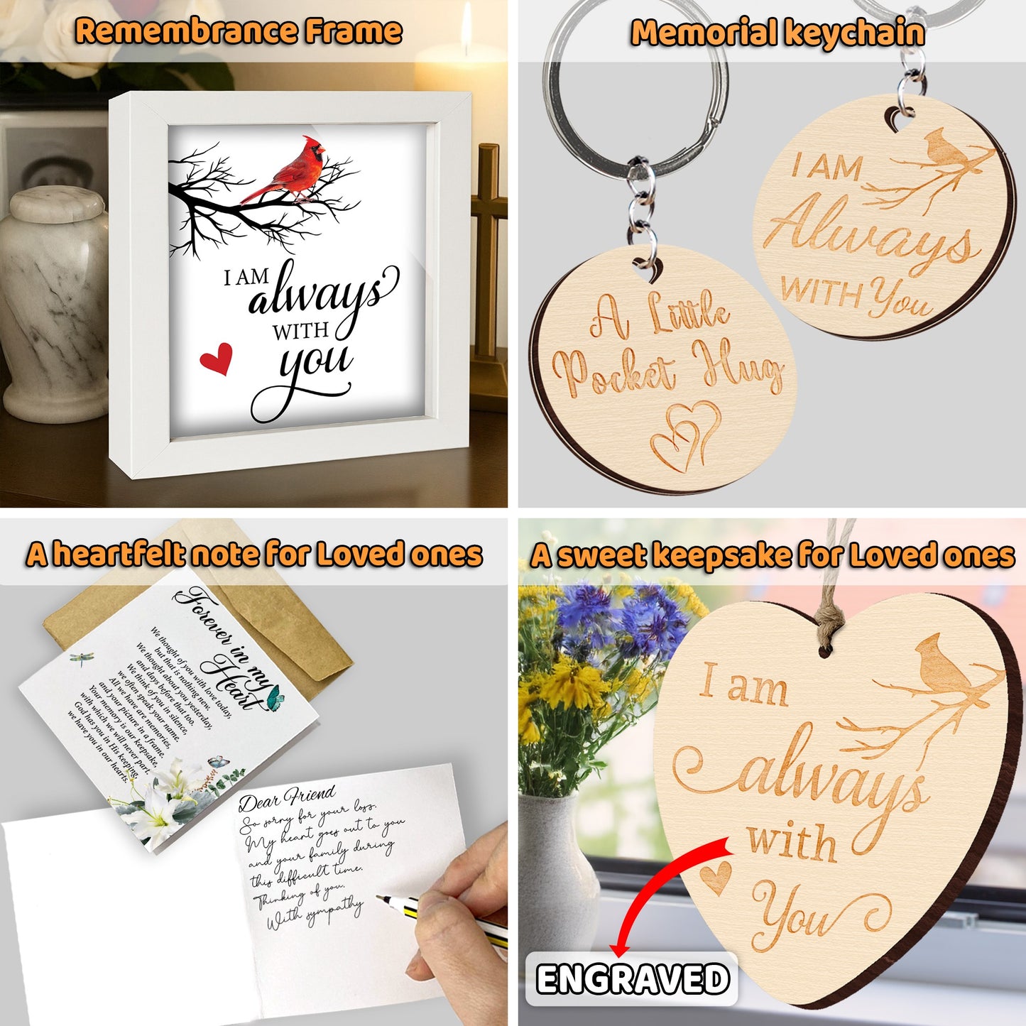 Netecom Memorial Frame Gift – “I Am Always With You” Cardinal Keepsake Set with Ornament, Keychain & Message Card