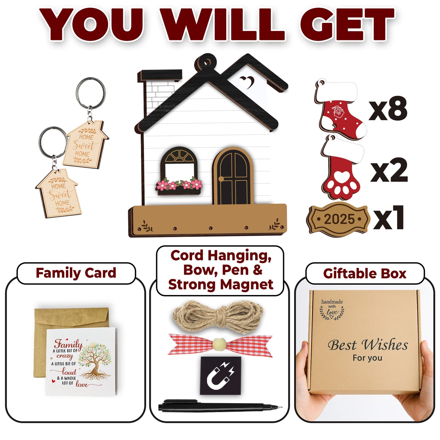 Netecom Christmas Ornaments 2025, Family Stockings Ornament for Christmas – Personalized Wooden House Ornament with Names & Gift Box