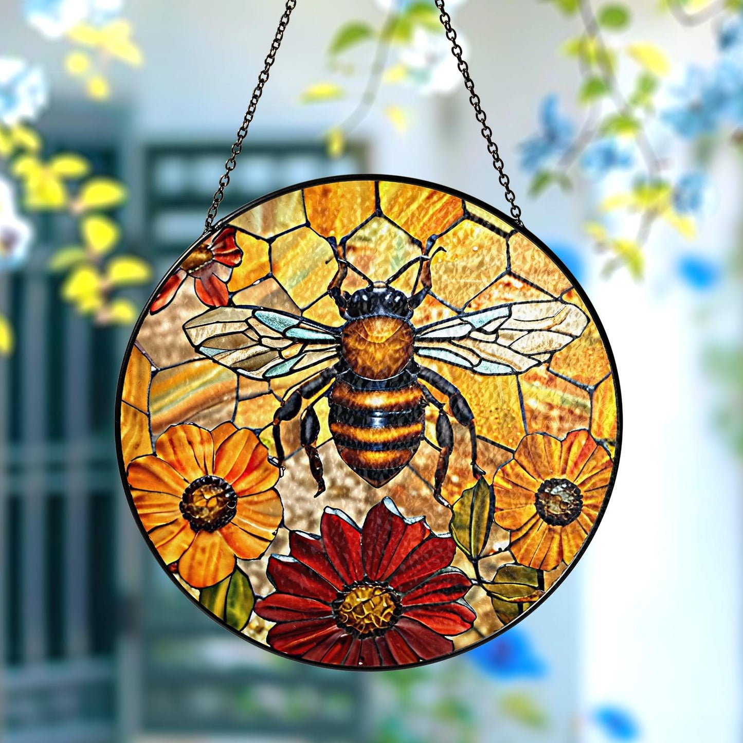 Netecom Bee and Flower Stained Glass Suncatcher – Honeycomb Window Hanging, Yellow Floral Home Decor, Mother’s Day Gift for Mom and Bee Lovers