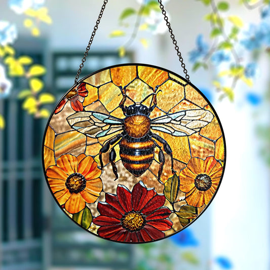 Netecom Bee and Flower Stained Glass Suncatcher – Honeycomb Window Hanging, Yellow Floral Home Decor, Mother’s Day Gift for Mom and Bee Lovers