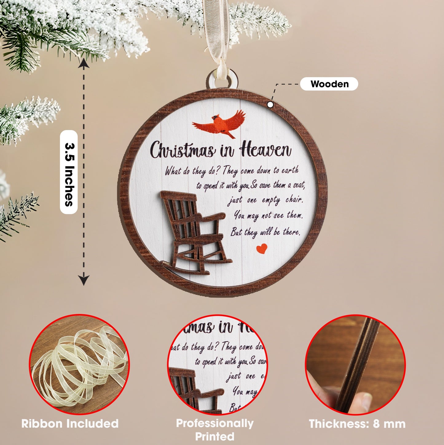 Netecom Christmas in Heaven Rocking Chair Ornament , Cardinal Memorial Keepsake , Sympathy Gift for Loss of Loved One , Wooden Decor