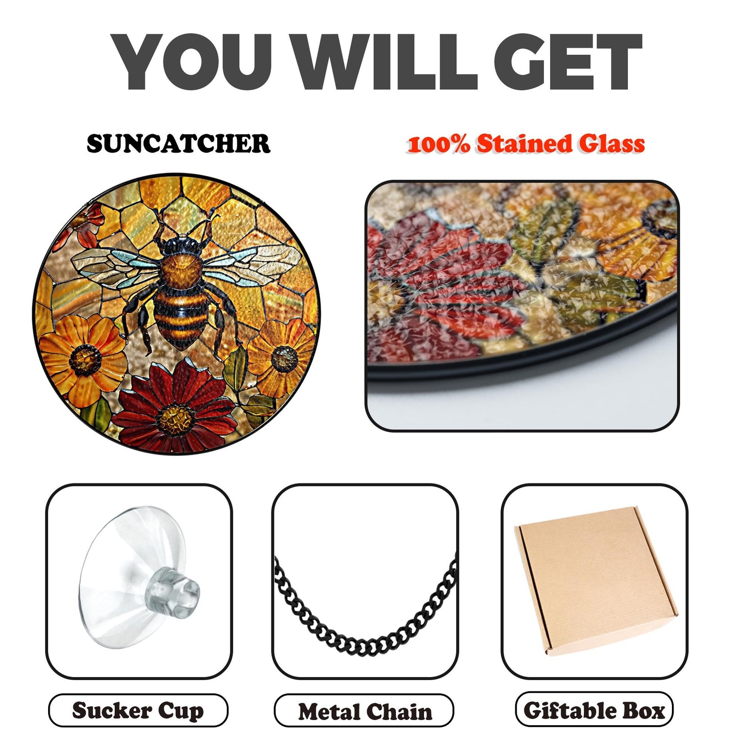 Netecom Bee and Flower Stained Glass Suncatcher – Honeycomb Window Hanging, Yellow Floral Home Decor, Mother’s Day Gift for Mom and Bee Lovers