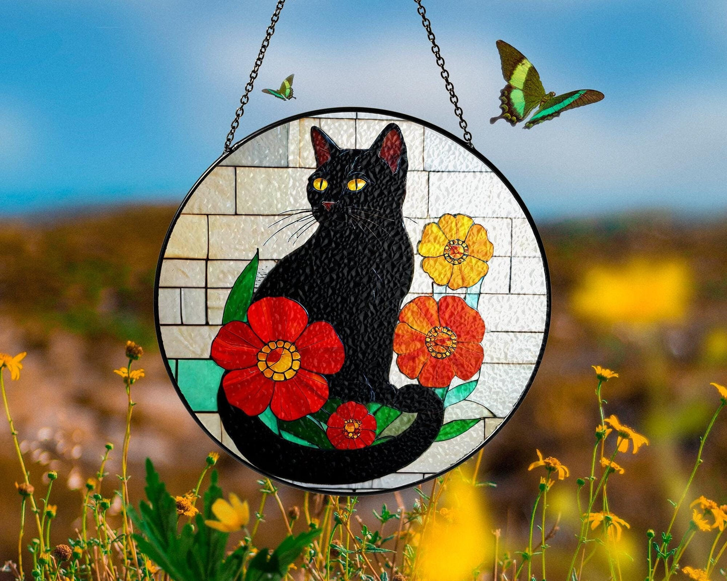 Netecom Black Cat Stained Glass Suncatcher – Cat Window Hanging Decor, Spooky Cat Art Gift for Cat Lovers, Memorial and Sympathy Gift for Mom
