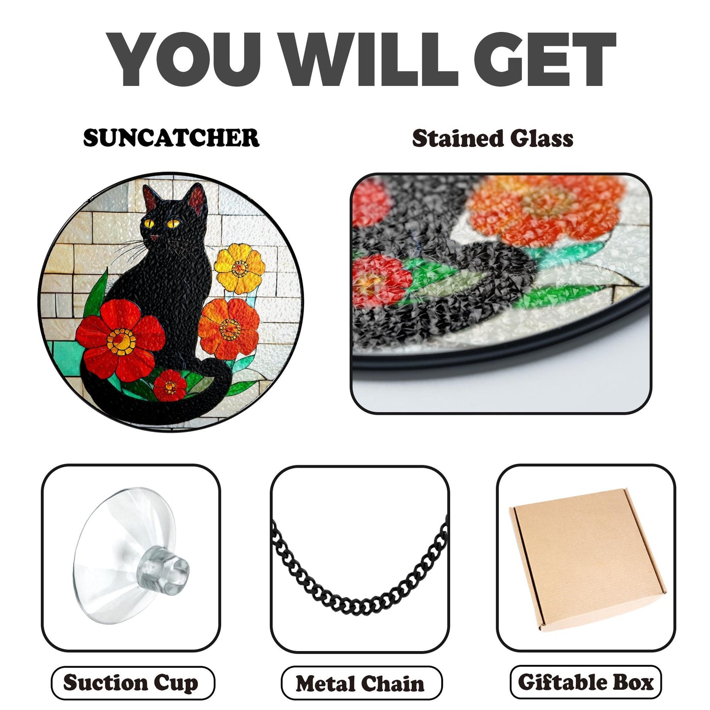 Netecom Black Cat Stained Glass Suncatcher – Cat Window Hanging Decor, Spooky Cat Art Gift for Cat Lovers, Memorial and Sympathy Gift for Mom