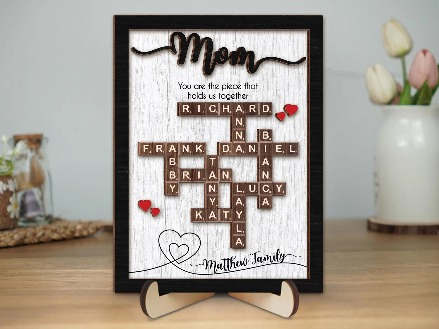 Netecom Personalized Scrabble Family Name Frame Mother's Day Gift Custom Family Crossword Puzzle Sign