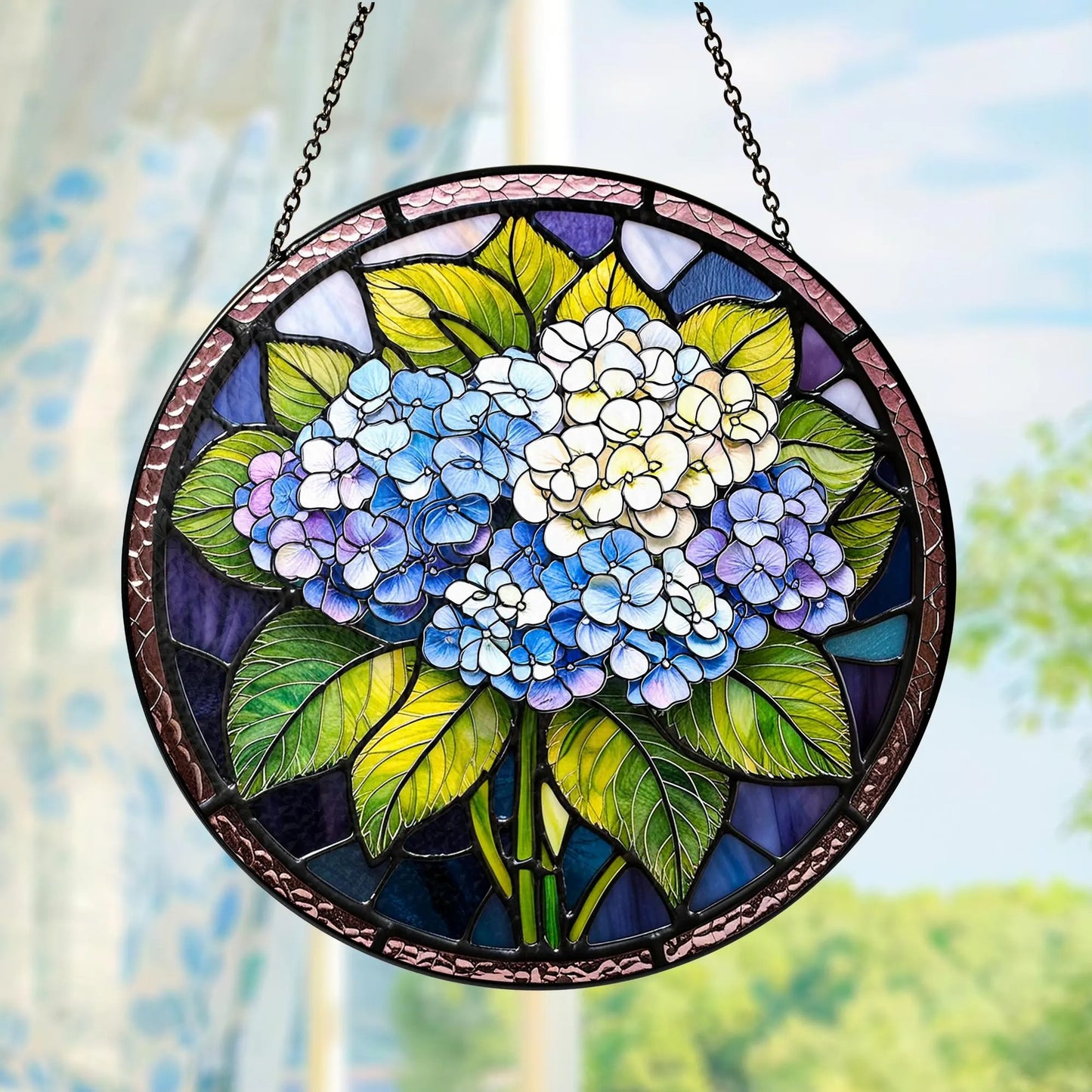 Netecom Blue Hydrangea Stained Glass Suncatcher – Floral Window Hanging, Hydrangea Garden Decor, Gift for Friends Bestie Mom Nana