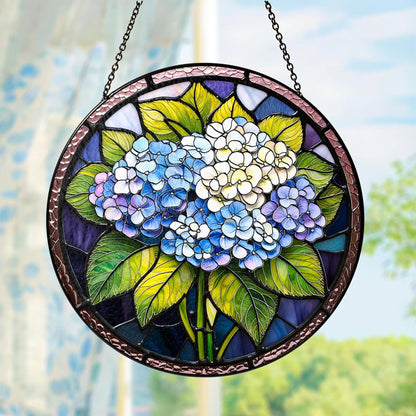 Netecom Blue Hydrangea Stained Glass Suncatcher – Floral Window Hanging, Hydrangea Garden Decor, Gift for Friends Bestie Mom Nana