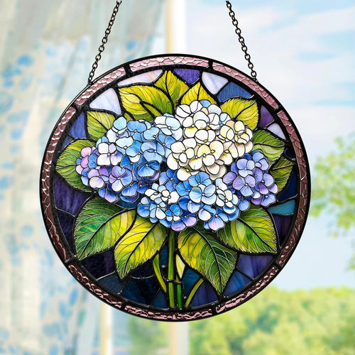Netecom Blue Hydrangea Stained Glass Suncatcher – Floral Window Hanging, Hydrangea Garden Decor, Gift for Friends Bestie Mom Nana