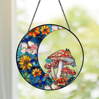 Netecom Woodland Mushroom Stained Glass Window Hanging, Floral Crescent Suncatcher, Gardening Gift, Forest Home Decor for Mom  Grandma