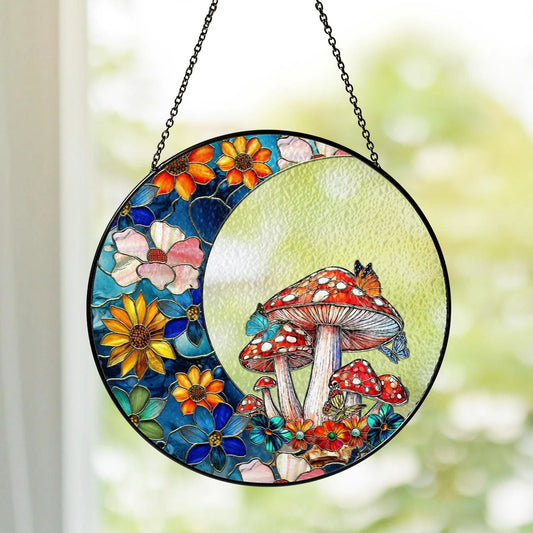 Netecom Woodland Mushroom Stained Glass Window Hanging, Floral Crescent Suncatcher, Gardening Gift, Forest Home Decor for Mom  Grandma