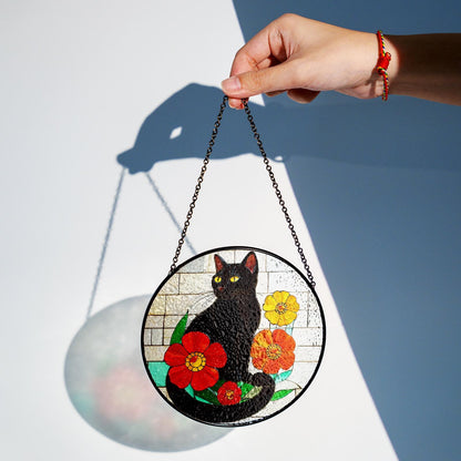 Netecom Black Cat Stained Glass Suncatcher – Cat Window Hanging Decor, Spooky Cat Art Gift for Cat Lovers, Memorial and Sympathy Gift for Mom