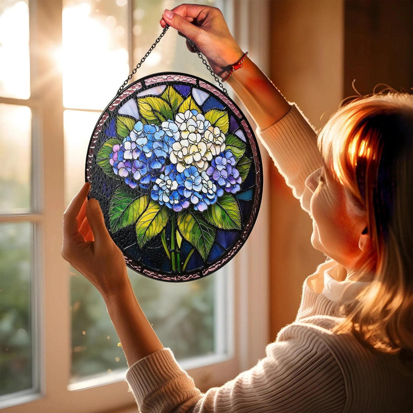 Netecom Blue Hydrangea Stained Glass Suncatcher – Floral Window Hanging, Hydrangea Garden Decor, Gift for Friends Bestie Mom Nana