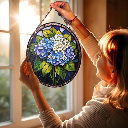 Netecom Blue Hydrangea Stained Glass Suncatcher – Floral Window Hanging, Hydrangea Garden Decor, Gift for Friends Bestie Mom Nana