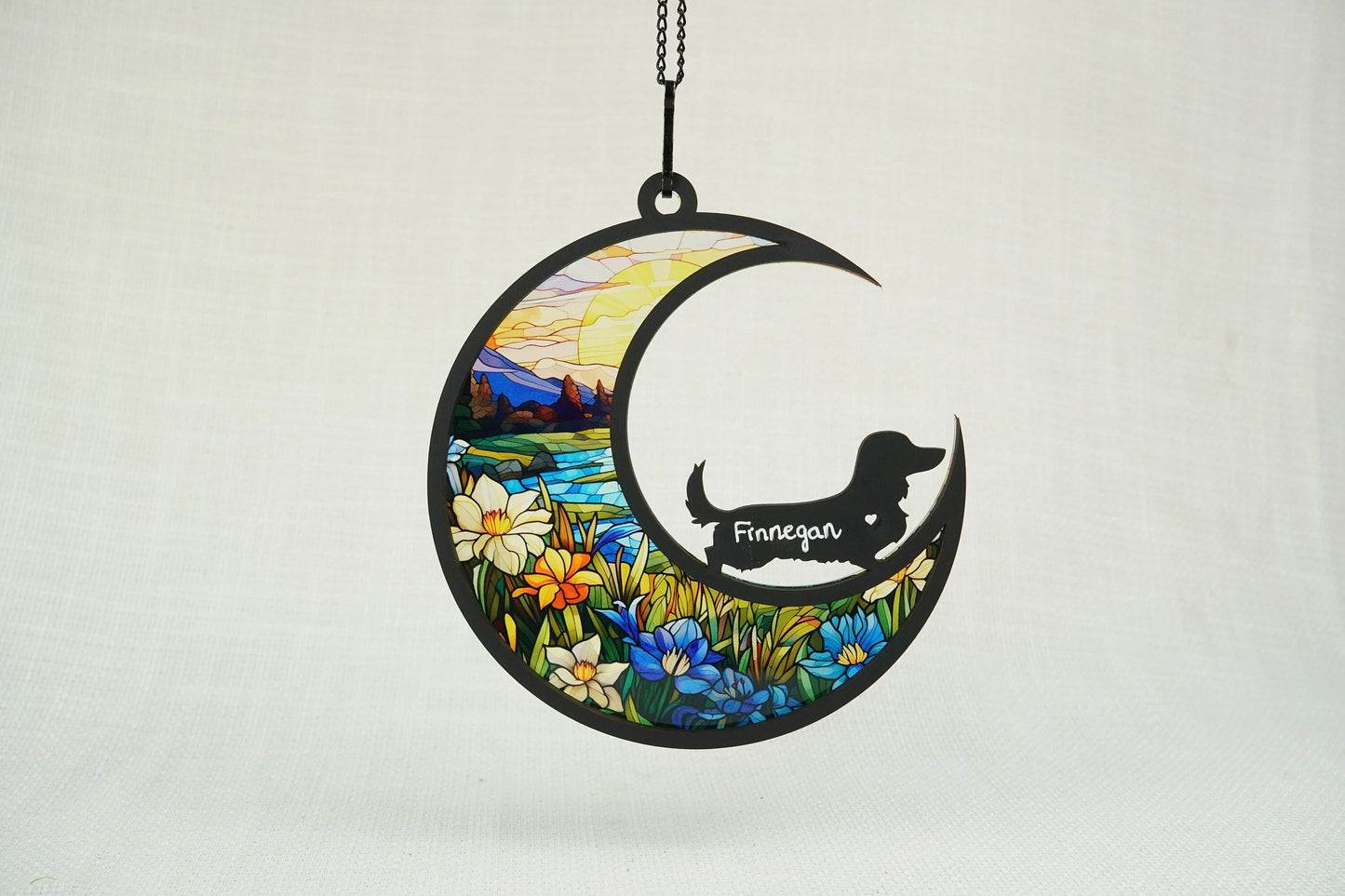 Netecom Custom Long-Haired Dachshund Memorial Suncatcher – Personalized Dog Loss Ornament, Pet Sympathy Window Decor, Car Hanging and Wall Display
