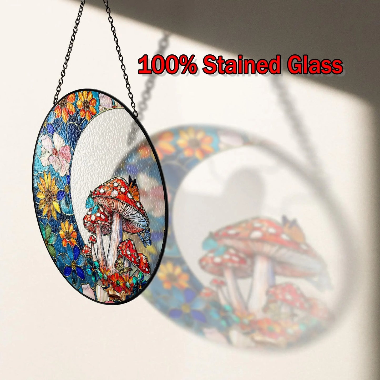 Netecom Woodland Mushroom Stained Glass Window Hanging, Floral Crescent Suncatcher, Gardening Gift, Forest Home Decor for Mom  Grandma