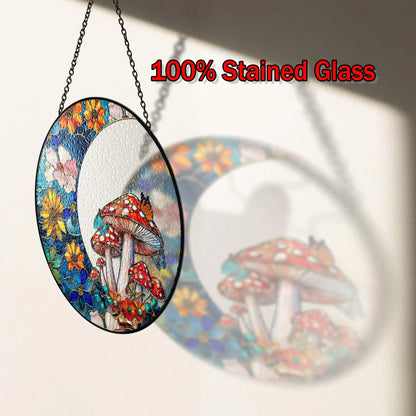Netecom Woodland Mushroom Stained Glass Window Hanging, Floral Crescent Suncatcher, Gardening Gift, Forest Home Decor for Mom  Grandma