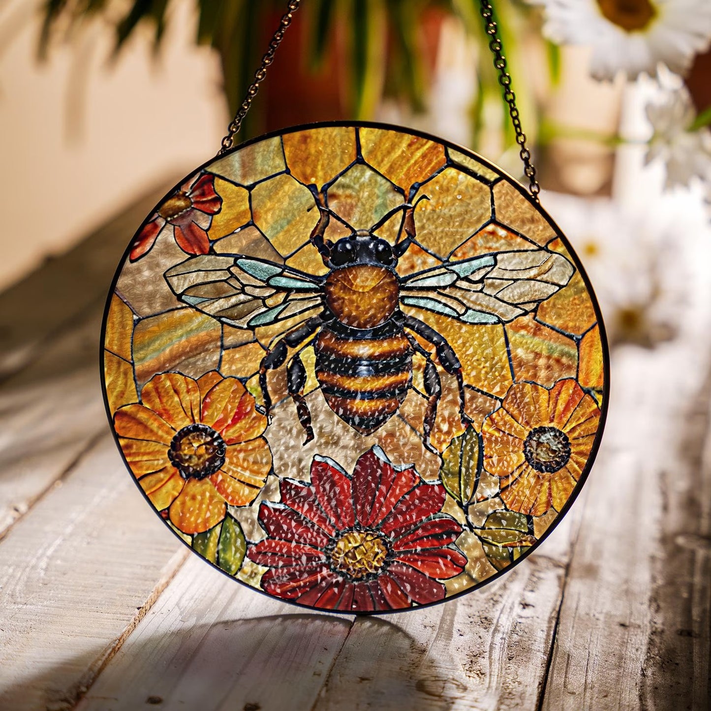 Netecom Bee and Flower Stained Glass Suncatcher – Honeycomb Window Hanging, Yellow Floral Home Decor, Mother’s Day Gift for Mom and Bee Lovers