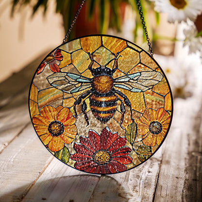 Netecom Bee and Flower Stained Glass Suncatcher – Honeycomb Window Hanging, Yellow Floral Home Decor, Mother’s Day Gift for Mom and Bee Lovers