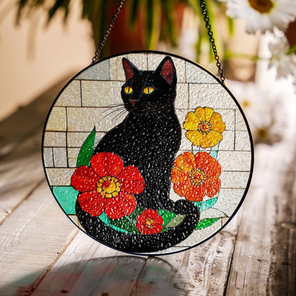 Netecom Black Cat Stained Glass Suncatcher – Cat Window Hanging Decor, Spooky Cat Art Gift for Cat Lovers, Memorial and Sympathy Gift for Mom